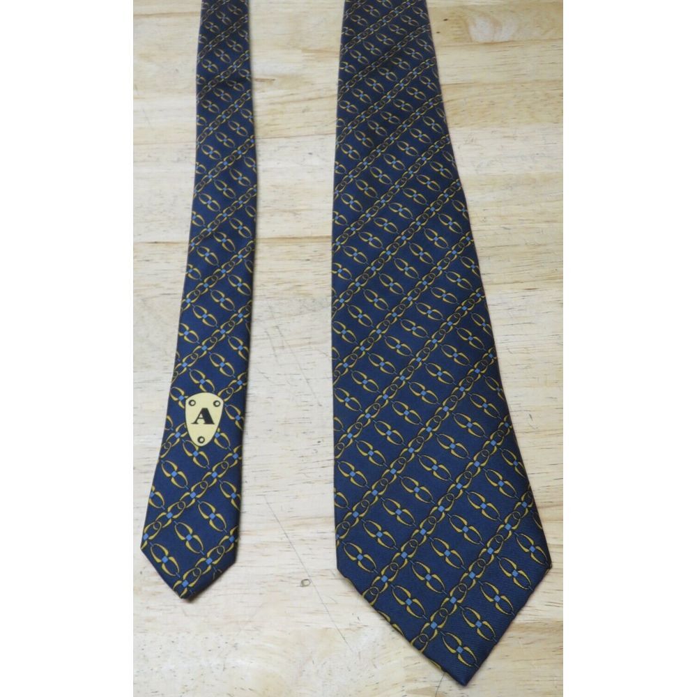Aquascutum Gold Blue Silk Necktie‎ Tie Made In England Geometric